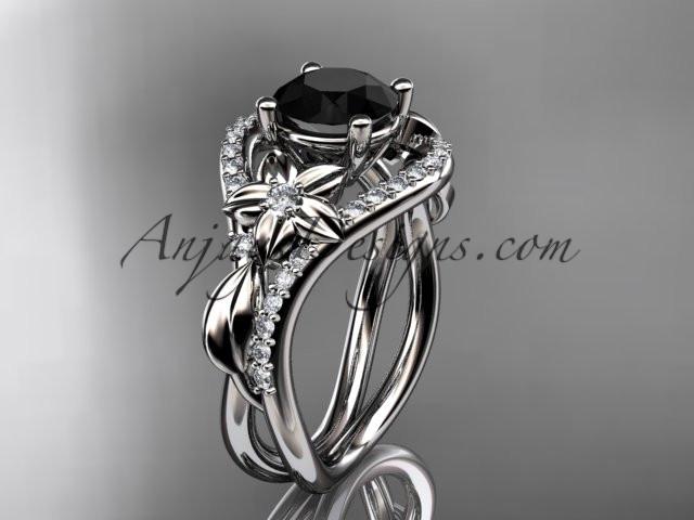 Unique 14kt white gold diamond leaf and vine wedding ring, engagement ring with a Black Diamond center stone ADLR244 - AnjaysDesigns