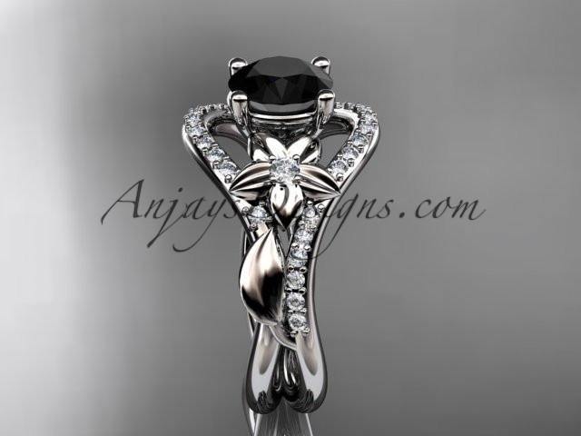 Unique platinum diamond leaf and vine wedding ring, engagement ring with a Black Diamond center stone ADLR244 - AnjaysDesigns