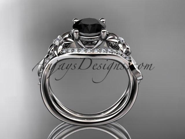 Unique platinum diamond leaf and vine wedding ring, engagement ring with a Black Diamond center stone ADLR244 - AnjaysDesigns