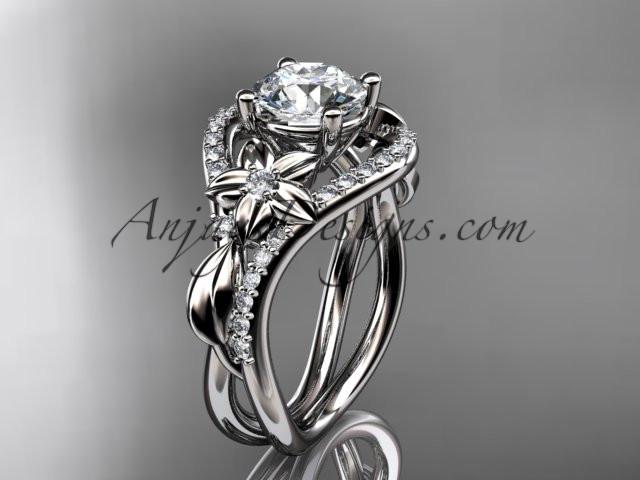 Unique platinum diamond leaf and vine wedding ring, engagement ring with a "Forever One" Moissanite center stone ADLR244 - AnjaysDesigns