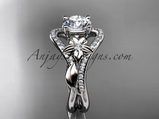 Unique 14kt white gold diamond leaf and vine wedding ring, engagement ring with a "Forever One" Moissanite center stone ADLR244 - AnjaysDesigns