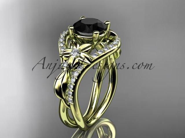 Unique 14kt yellow gold diamond leaf and vine wedding ring, engagement ring with a Black Diamond center stone ADLR244 - AnjaysDesigns