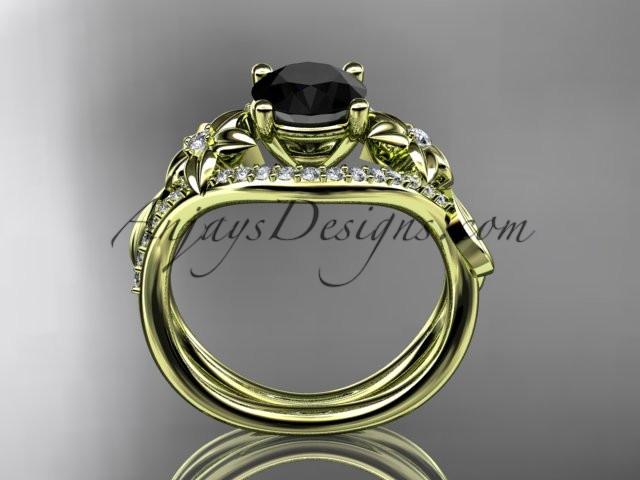 Unique 14kt yellow gold diamond leaf and vine wedding ring, engagement ring with a Black Diamond center stone ADLR244 - AnjaysDesigns