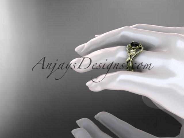 Unique 14kt yellow gold diamond leaf and vine wedding ring, engagement ring with a Black Diamond center stone ADLR244 - AnjaysDesigns