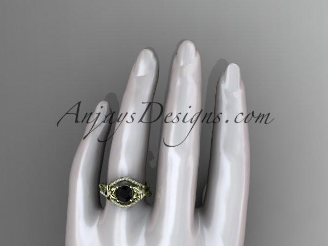 Unique 14kt yellow gold diamond leaf and vine wedding ring, engagement ring with a Black Diamond center stone ADLR244 - AnjaysDesigns