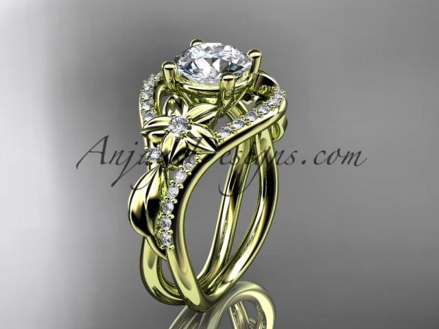 Unique 14kt yellow gold diamond leaf and vine wedding ring, engagement ring with a "Forever One" Moissanite center stone ADLR244 - AnjaysDesigns