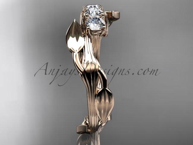 14kt rose gold diamond leaf and vine three stone ring ADLR247 - AnjaysDesigns