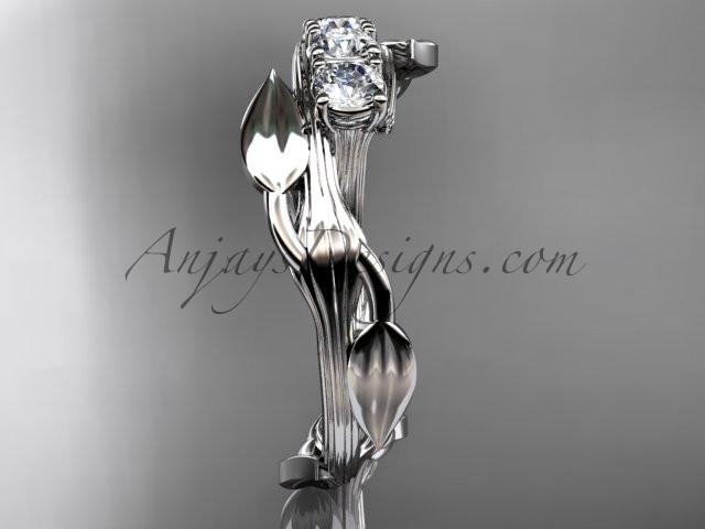 Platinum diamond leaf and vine three stone ring ADLR247 - AnjaysDesigns
