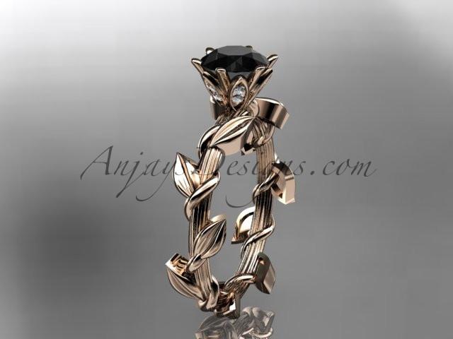 Unique 14kt rose gold diamond floral wedding ring,engagement ring with a Black Diamond center stone ADLR248 - AnjaysDesigns