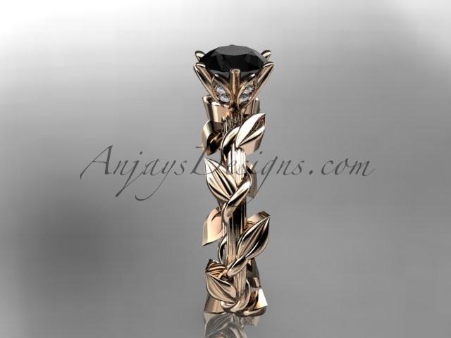 Unique 14kt rose gold diamond floral wedding ring,engagement ring with a Black Diamond center stone ADLR248 - AnjaysDesigns