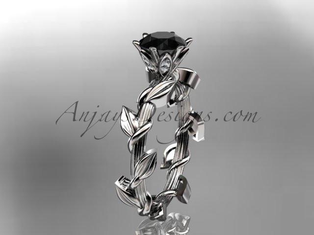 Unique Platinum diamond floral wedding ring,engagement ring with a Black Diamond center stone ADLR248 - AnjaysDesigns