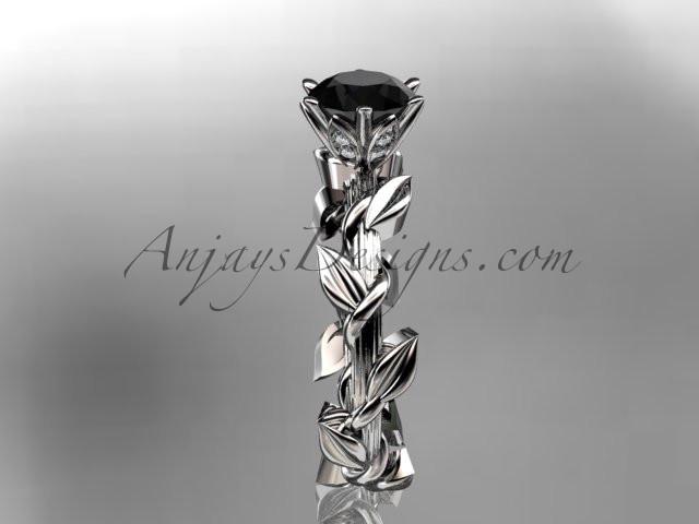 Unique Platinum diamond floral wedding ring,engagement ring with a Black Diamond center stone ADLR248 - AnjaysDesigns
