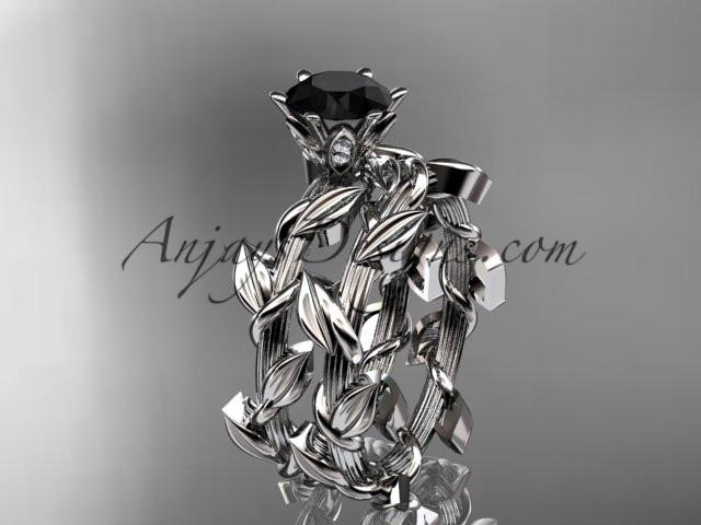 Unique platinum diamond floral engagement set with a Black Diamond center stone ADLR248S - AnjaysDesigns
