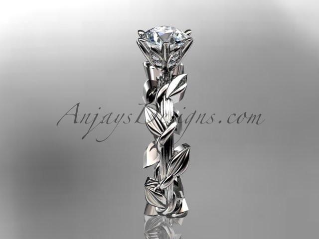 Unique 14kt white gold diamond floral wedding ring,engagement ring with a "Forever One" Moissanite center stone ADLR248 - AnjaysDesigns