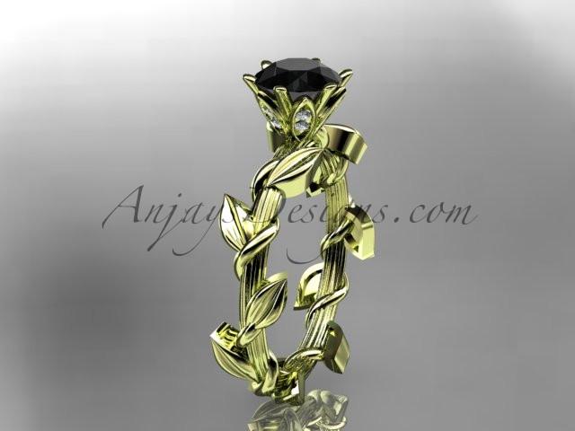Unique 14kt yellow gold diamond floral wedding ring,engagement ring with a Black Diamond center stone ADLR248 - AnjaysDesigns