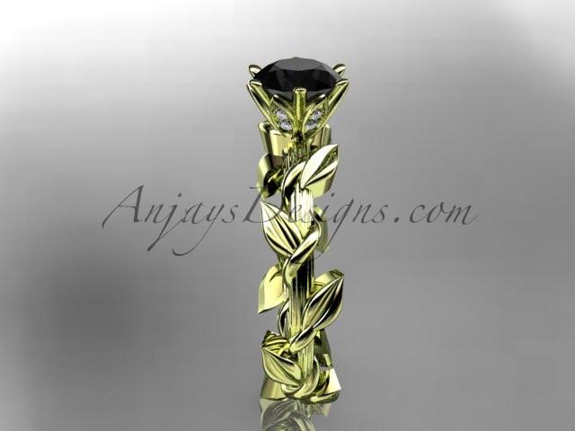 Unique 14kt yellow gold diamond floral wedding ring,engagement ring with a Black Diamond center stone ADLR248 - AnjaysDesigns