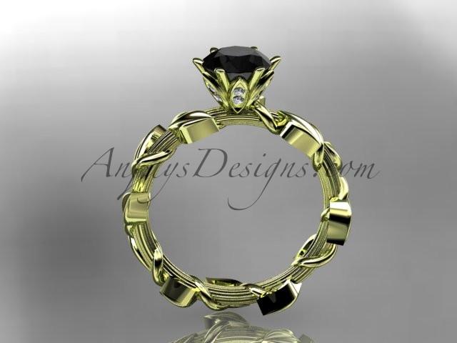 Unique 14kt yellow gold diamond floral wedding ring,engagement ring with a Black Diamond center stone ADLR248 - AnjaysDesigns