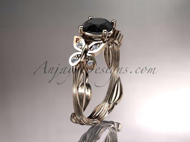 14kt rose gold diamond leaf and vine wedding ring, engagement ring with a Black Diamond center stone ADLR251 - AnjaysDesigns