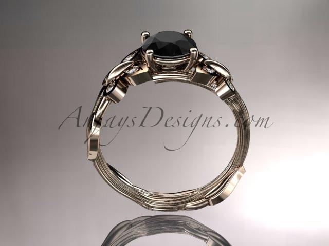 14kt rose gold diamond leaf and vine wedding ring, engagement ring with a Black Diamond center stone ADLR251 - AnjaysDesigns