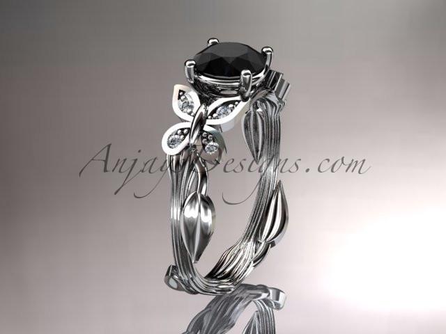 Platinum diamond leaf and vine wedding ring, engagement ring with a Black Diamond center stone ADLR251 - AnjaysDesigns