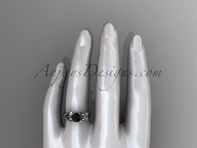 Platinum diamond leaf and vine wedding ring, engagement ring with a Black Diamond center stone ADLR251 - AnjaysDesigns