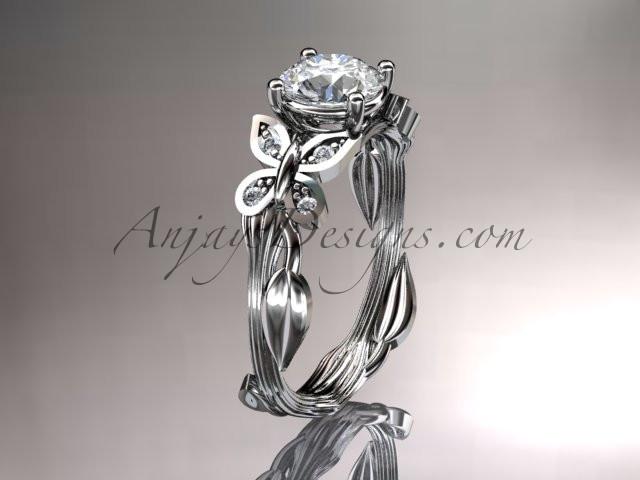 Platinum diamond leaf and vine wedding ring, engagement ring with a "Forever One" Moissanite center stone ADLR251 - AnjaysDesigns
