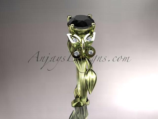 14kt yellow gold diamond leaf and vine wedding ring, engagement ring with a Black Diamond center stone ADLR251 - AnjaysDesigns