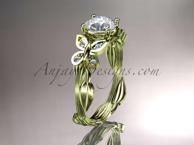 14kt yellow gold diamond leaf and vine wedding ring, engagement ring with a "Forever One" Moissanite center stone ADLR251 - AnjaysDesigns