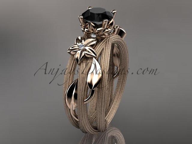 14kt rose gold diamond floral, leaf and vine wedding ring, engagement ring with a Black Diamond center stone ADLR253 - AnjaysDesigns