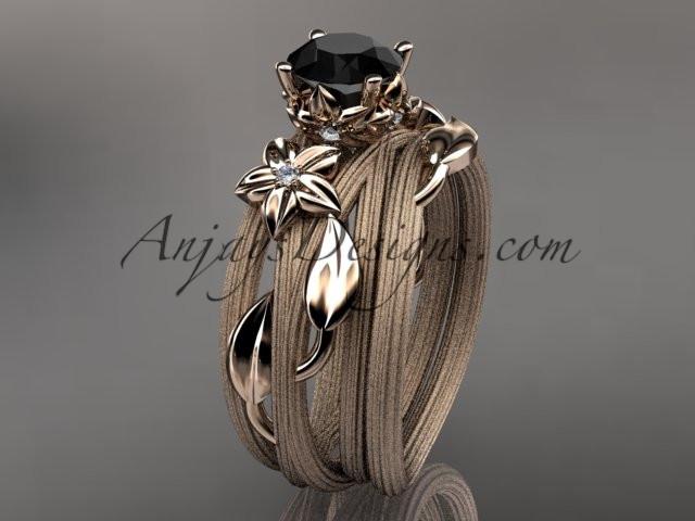 14kt rose gold diamond floral, leaf and vine wedding ring, engagement set with a Black Diamond center stone ADLR253S - AnjaysDesigns