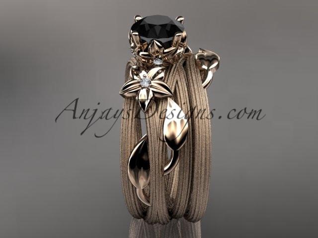 14kt rose gold diamond floral, leaf and vine wedding ring, engagement set with a Black Diamond center stone ADLR253S - AnjaysDesigns