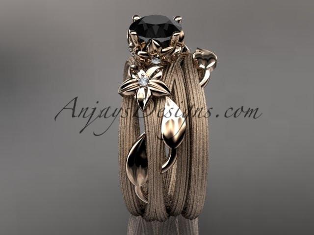 14kt rose gold diamond floral, leaf and vine wedding ring, engagement set with a Black Diamond center stone ADLR253S - AnjaysDesigns