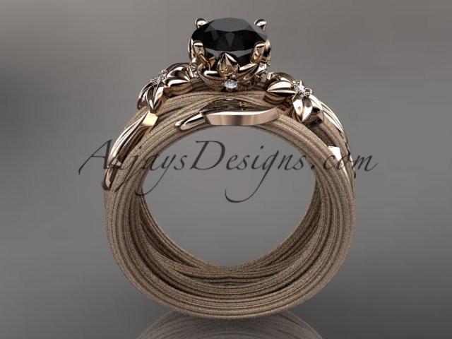 14kt rose gold diamond floral, leaf and vine wedding ring, engagement set with a Black Diamond center stone ADLR253S - AnjaysDesigns