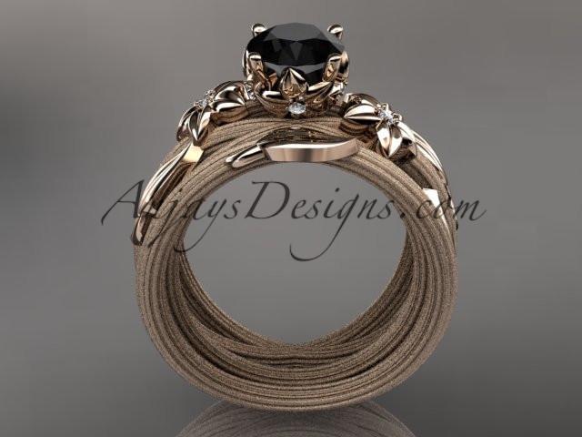 14kt rose gold diamond floral, leaf and vine wedding ring, engagement set with a Black Diamond center stone ADLR253S - AnjaysDesigns