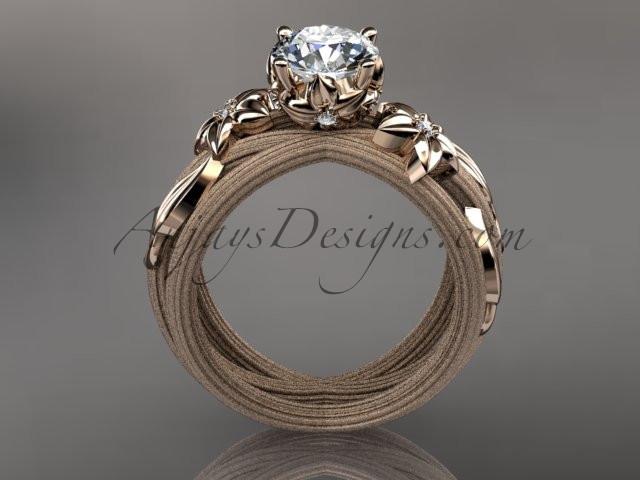 14kt rose gold diamond floral, leaf and vine wedding ring, engagement ring with a "Forever One" Moissanite center stone ADLR253 - AnjaysDesigns