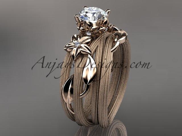 14kt rose gold diamond floral, leaf and vine wedding ring, engagement set with a "Forever One" Moissanite center stone ADLR253S - AnjaysDesigns
