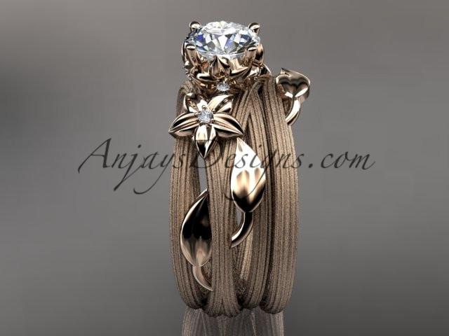 14kt rose gold diamond floral, leaf and vine wedding ring, engagement set with a "Forever One" Moissanite center stone ADLR253S - AnjaysDesigns
