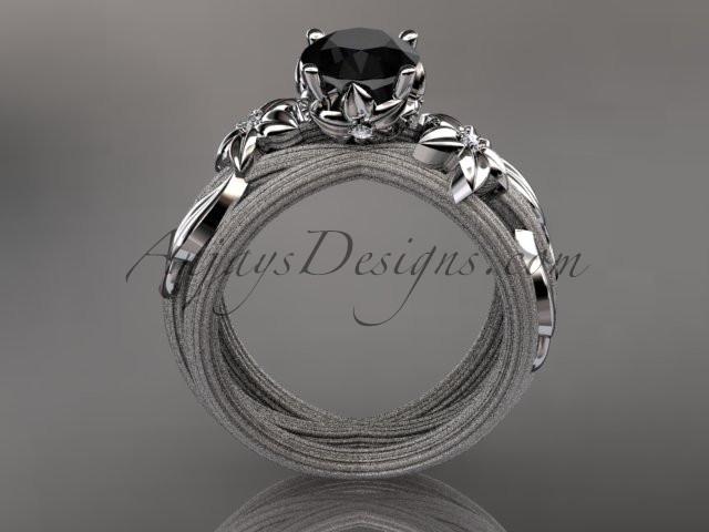 Platinum diamond floral, leaf and vine wedding ring, engagement ring with a Black Diamond center stone ADLR253 - AnjaysDesigns
