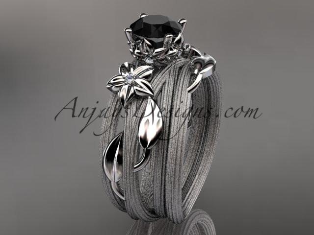 platinum diamond floral, leaf and vine wedding ring, engagement set with a Black Diamond center stone ADLR253S - AnjaysDesigns
