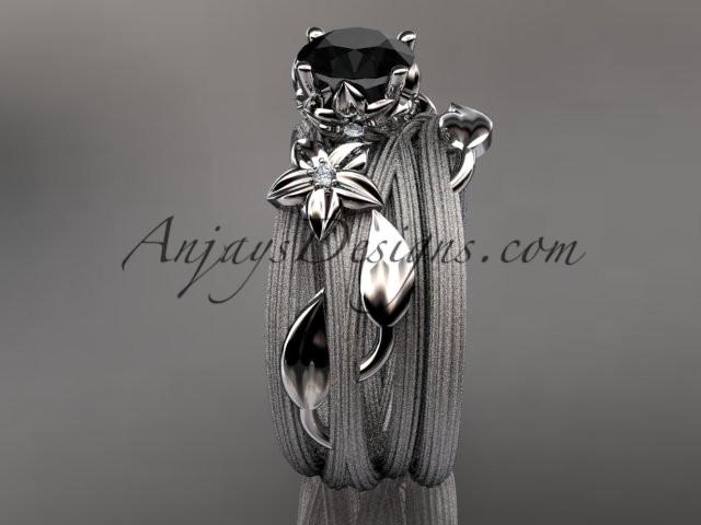 platinum diamond floral, leaf and vine wedding ring, engagement set with a Black Diamond center stone ADLR253S - AnjaysDesigns