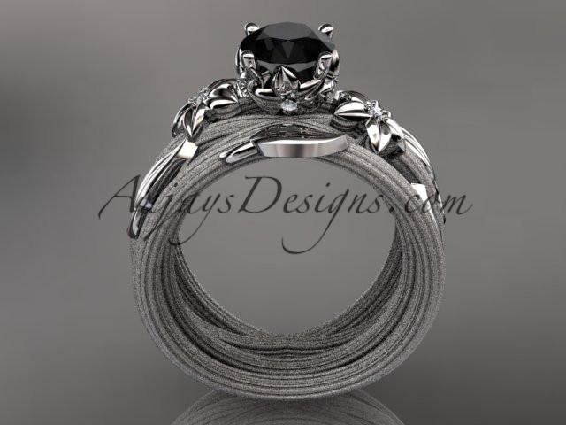 platinum diamond floral, leaf and vine wedding ring, engagement set with a Black Diamond center stone ADLR253S - AnjaysDesigns