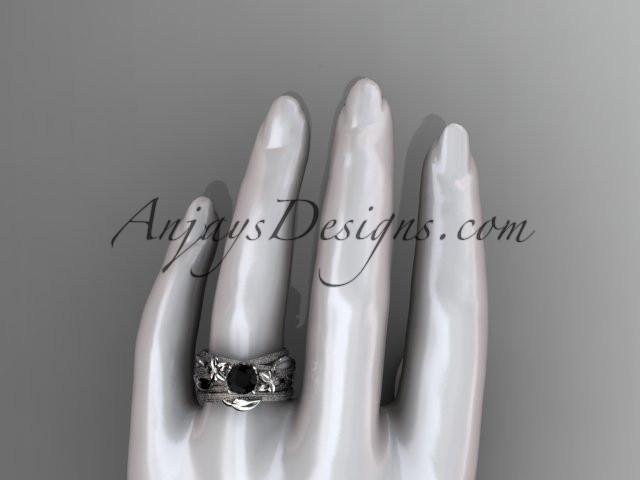 14kt white gold diamond floral, leaf and vine wedding ring, engagement set with a Black Diamond center stone ADLR253S - AnjaysDesigns