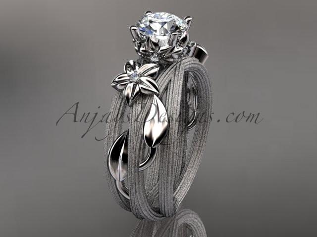 14kt white gold diamond floral, leaf and vine wedding ring, engagement ring with a "Forever One" Moissanite center stone ADLR253 - AnjaysDesigns