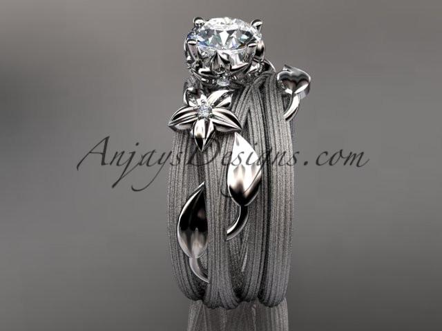 platinum diamond floral, leaf and vine wedding ring, engagement set with a "Forever One" Moissanite center stone ADLR253S - AnjaysDesigns