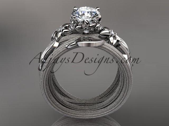 platinum diamond floral, leaf and vine wedding ring, engagement set with a "Forever One" Moissanite center stone ADLR253S - AnjaysDesigns
