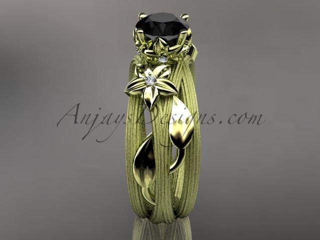 14kt yellow gold diamond floral, leaf and vine wedding ring, engagement ring with a Black Diamond center stone ADLR253 - AnjaysDesigns