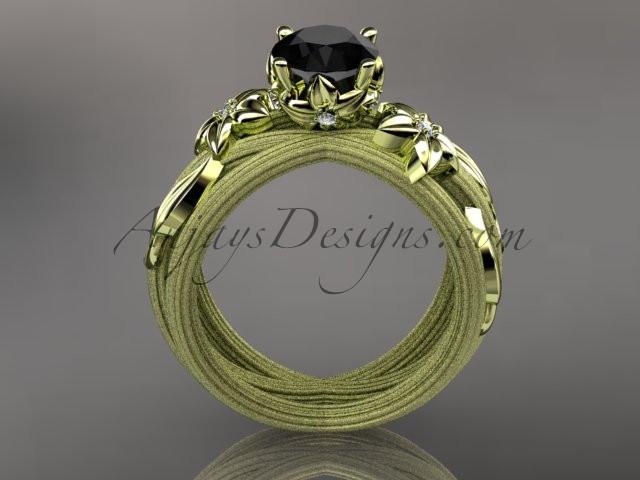 14kt yellow gold diamond floral, leaf and vine wedding ring, engagement ring with a Black Diamond center stone ADLR253 - AnjaysDesigns