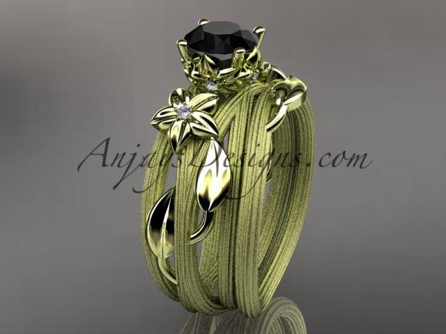 14kt yellow gold diamond floral, leaf and vine wedding ring, engagement set with a Black Diamond center stone ADLR253S - AnjaysDesigns