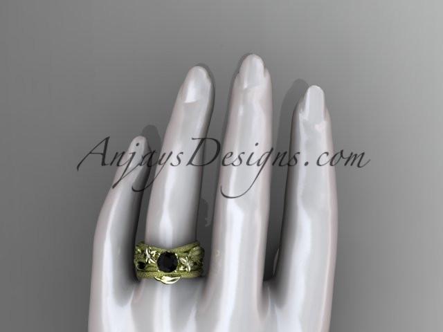14kt yellow gold diamond floral, leaf and vine wedding ring, engagement set with a Black Diamond center stone ADLR253S - AnjaysDesigns