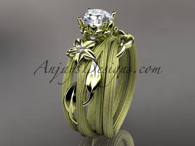 14kt yellow gold diamond floral, leaf and vine wedding ring, engagement set with a "Forever One" Moissanite center stone ADLR253S - AnjaysDesigns